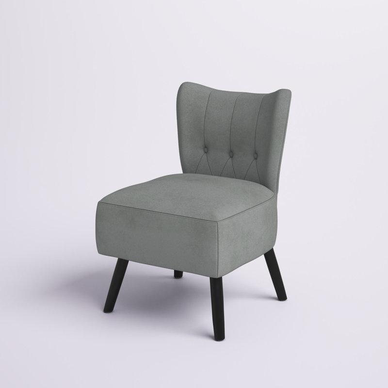 Gri Kadife Kumaş Düğme Kapitoneli Masif Ahşap Ayaklı Kolsuz Tekli Koltuk - 58 cm - 205223