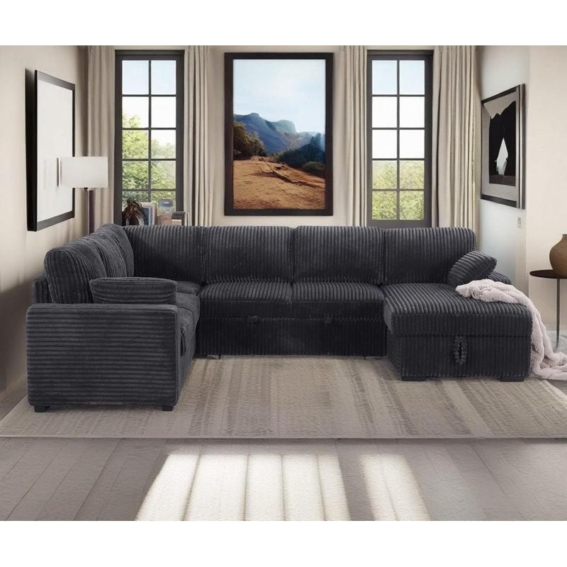 Gri Kadife Kumaş Kapitoneli Yataklı Sandıklı U Köşe Koltuk - 299x232 cm - 195233