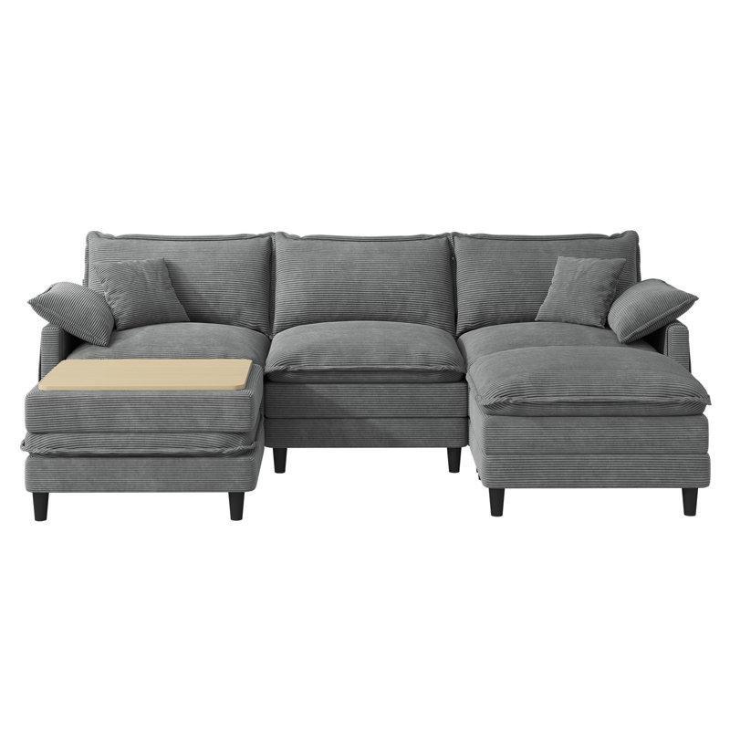 Gri Kadife Kumaş Masif Ahşap İskeletli Modüler Saklama Alanlı Puflu U Köşe Koltuk Takımı - 276 cm - 194653