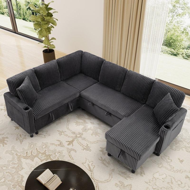 Gri Kadife Kumaş Yataklı Sandıklı USB Portlu U Şekilli Köşe Koltuk Takımı - 219x181 cm - 193669