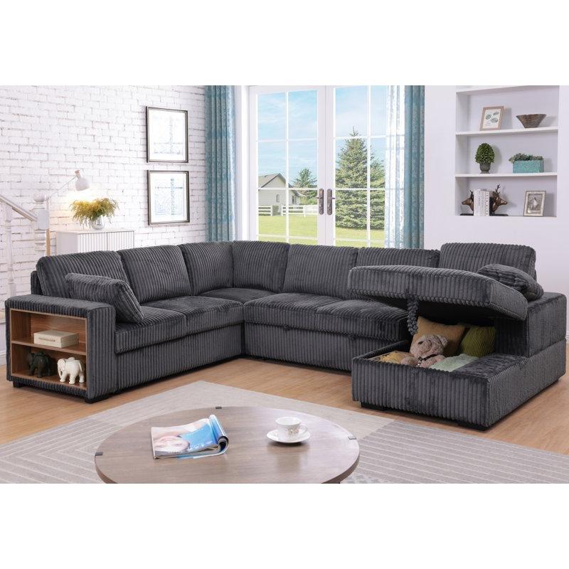 Gri Kadife Kumaş Yataklı Sandıklı ve Raflı U Köşe Koltuk Takımı - 295x229 cm - 194330
