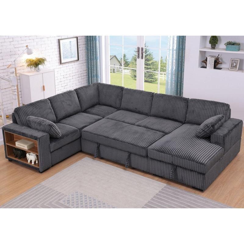 Gri Kadife Kumaş Yataklı Sandıklı ve Raflı U Köşe Koltuk Takımı - 295x229 cm - 194330