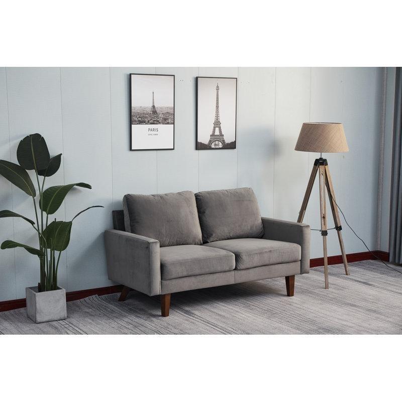 Gri Kadife Masif Ahşap Kare Kollu İkili Koltuk - 148 cm - 205642