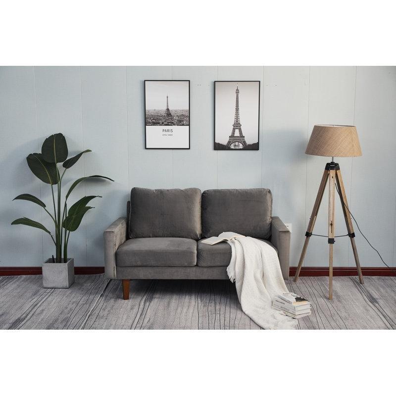 Gri Kadife Masif Ahşap Kare Kollu İkili Koltuk - 148 cm - 205642