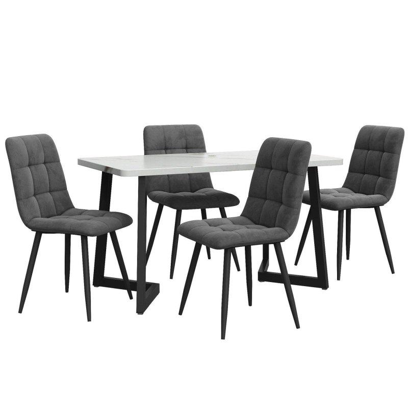 Gri Kadife Metal Ayaklı 4 Kişilik Beyaz Mermer Desenli Yemek Masası Takımı - 117x68 cm - 236378