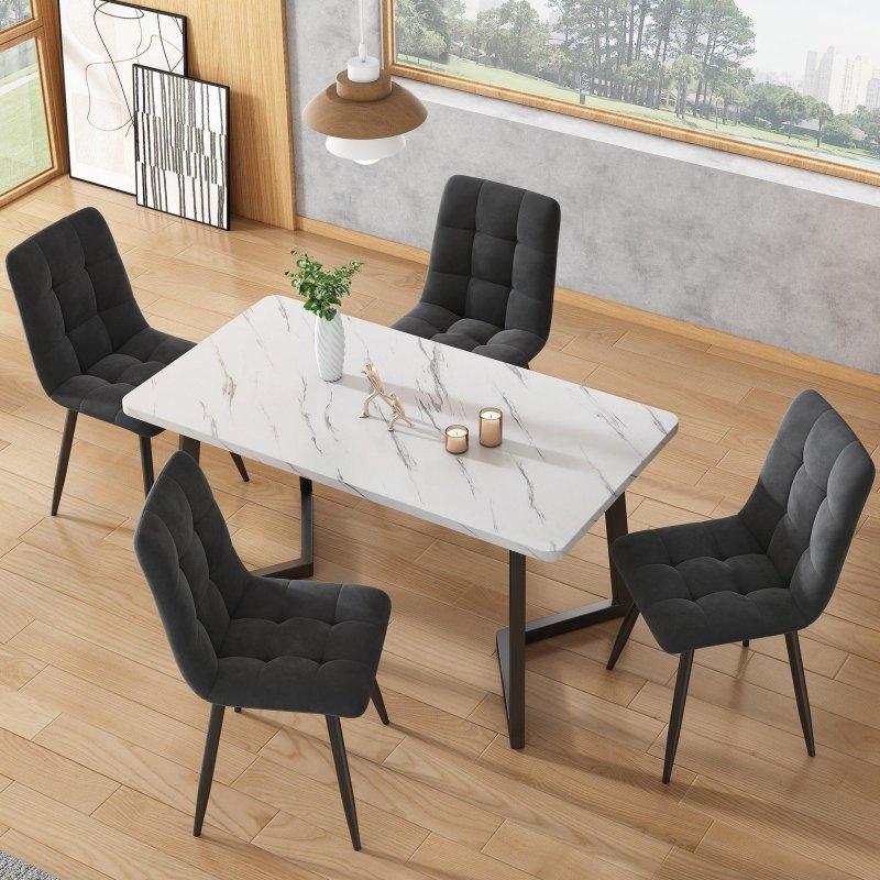 Gri Kadife Metal Ayaklı 4 Kişilik Beyaz Mermer Desenli Yemek Masası Takımı - 117x68 cm - 236378