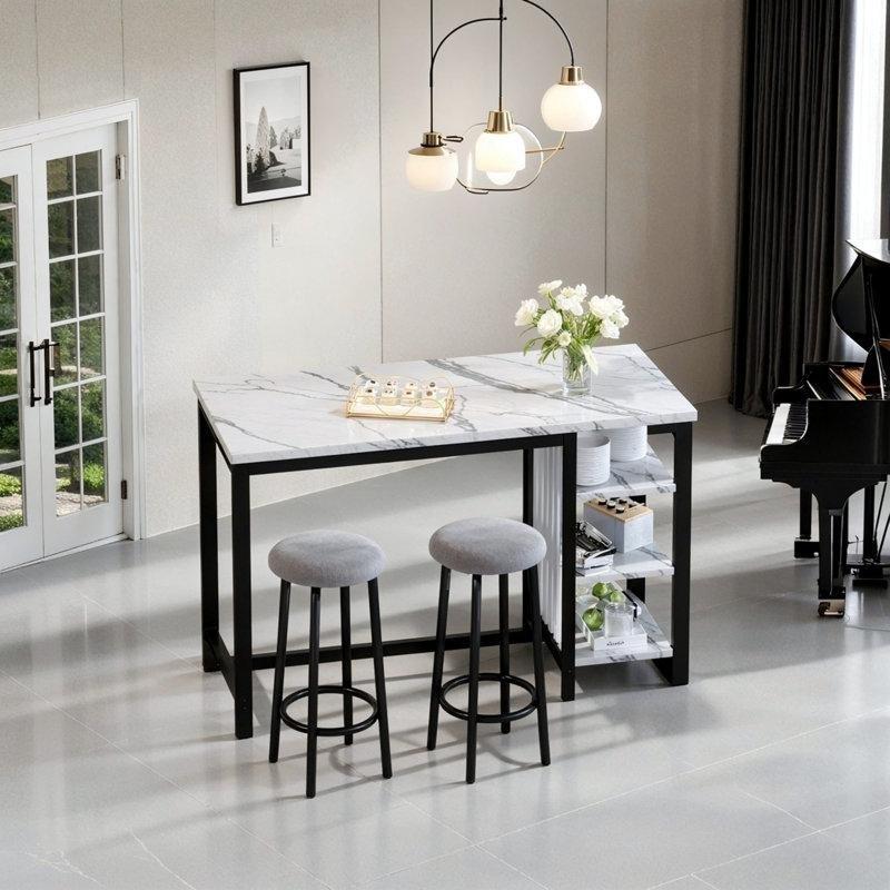 Gri Kadife Tabureli Mermer Desenli Raflı Bar Masası Takımı - 120x40 cm - 231803