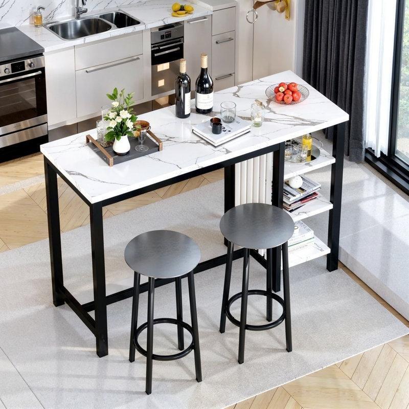 Gri Kadife Tabureli Mermer Desenli Raflı Bar Masası Takımı - 120x40 cm - 231803