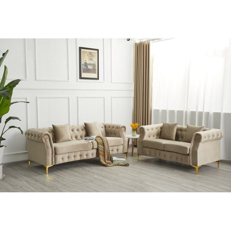 Gri Kadife Zımba Detaylı Chesterfield Koltuk Takımı - 192079