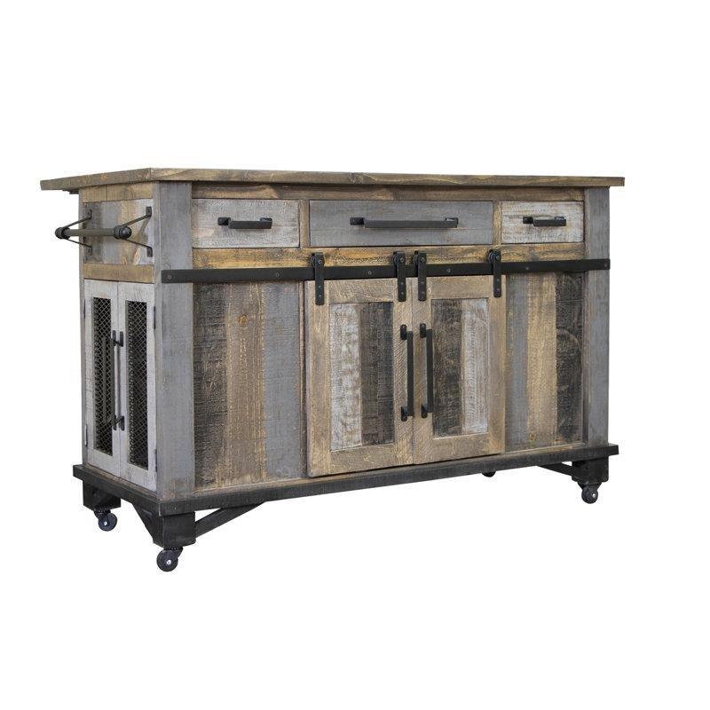 Gri Kahverengi Masif Çam Ahşap Tekerlekli Çekmeceli Mutfak Adası - 152 cm - 176657