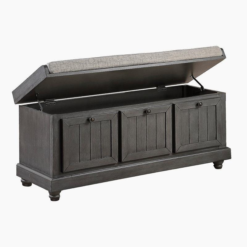 Gri Keten Döşemeli Akasya Ağacı Eskitme Tasarım Kapaklı Sandıklı Puf - 112 cm - 165025