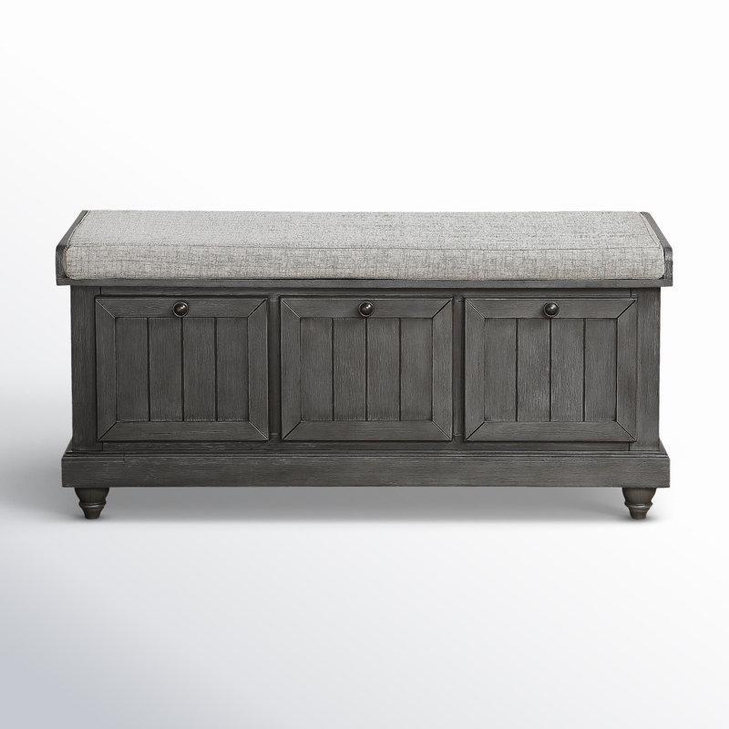 Gri Keten Döşemeli Akasya Ağacı Eskitme Tasarım Kapaklı Sandıklı Puf - 112 cm - 165025