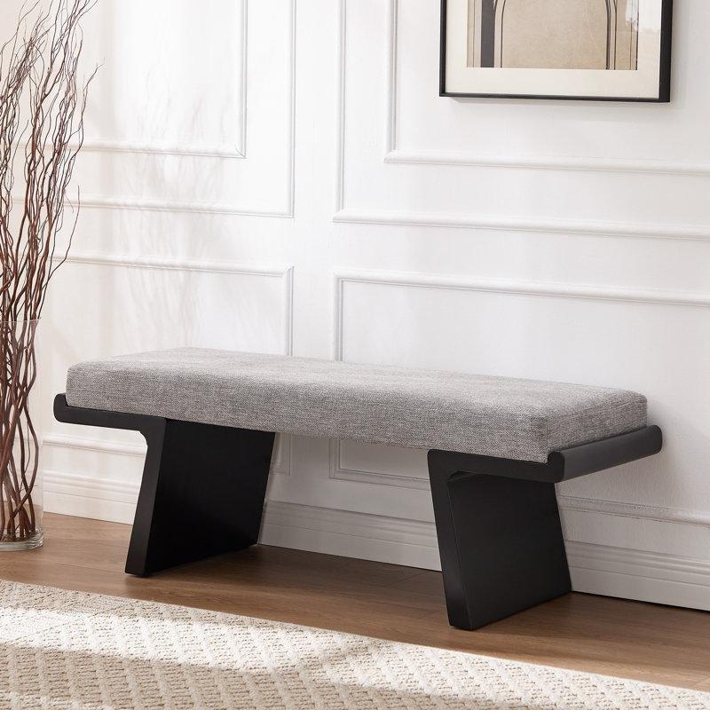 Gri Keten Döşemeli Siyah Masif Kauçuk Ağacı Heykelsi Tasarım Bench - 120 cm - 164659