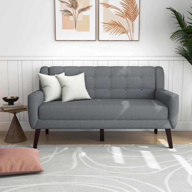 Gri Keten Karışımlı Düğme Kapitoneli Kare Kollu İkili Koltuk - 160 cm - 196919