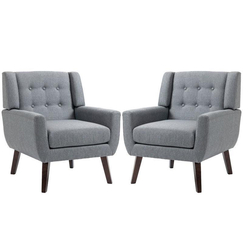 Gri Keten Karışımlı Kapitoneli Masif Ahşap Ayaklı Tekli Koltuk - 2li Set - 202906