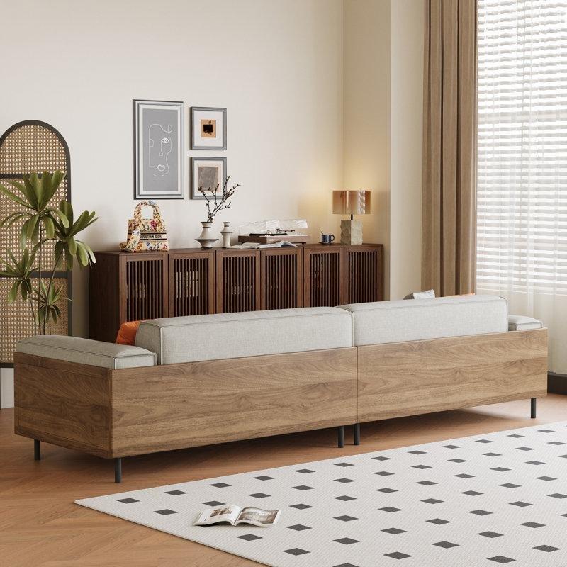 Gri Keten Kumaş Masif Ahşap İskeletli 4 Kişilik Kare Kollu Koltuk - 284 cm - 197136