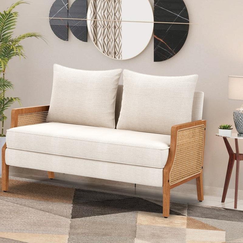 Gri Keten Kumaş Rattan Kollu Minderli İkili Koltuk - 119 cm - 205839