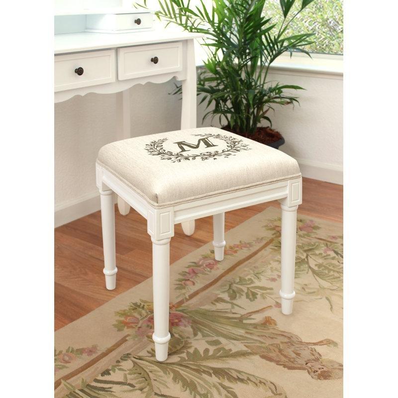 Gri Keten Kumaşlı Beyaz Masif Ahşap Kişiselleştirilebilir Vintage Makyaj Masası Pufu - 44x41 cm - 233334