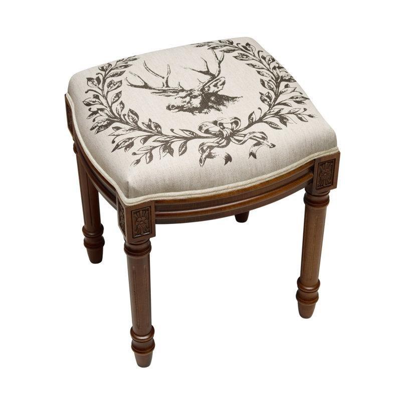 Gri Keten Kumaşlı Masif Ahşap Vintage Desenli Makyaj Masası Pufu - 233469