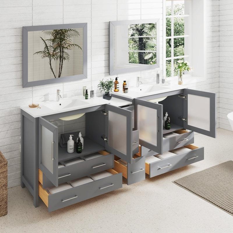 Gri Masif Ahşap Aynalı Çift Lavabolu Çekmeceli Banyo Lavabo Dolabı - 214 cm - 200408