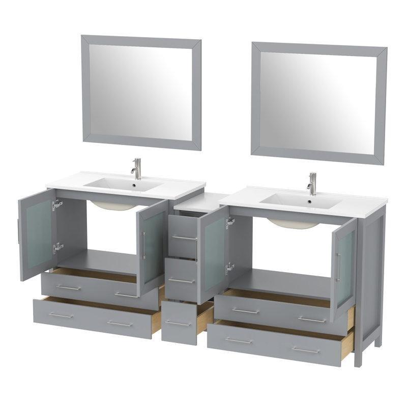 Gri Masif Ahşap Aynalı Çift Lavabolu Çekmeceli Banyo Lavabo Dolabı - 214 cm - 200408