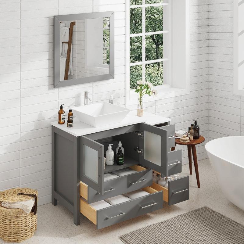 Gri Masif Ahşap Aynalı ve Çekmeceli Banyo Lavabo Dolabı - 107 cm - 201922