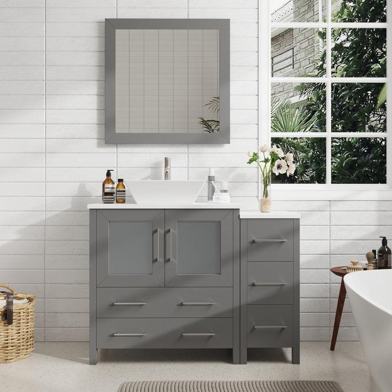 Gri Masif Ahşap Aynalı ve Çekmeceli Banyo Lavabo Dolabı - 107 cm - 201922
