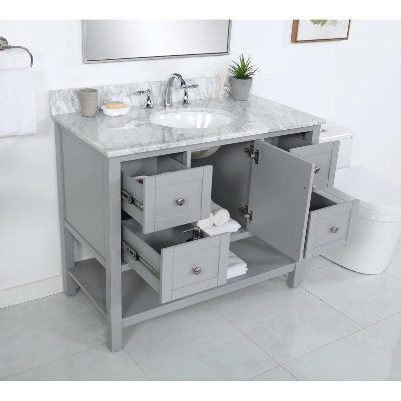 Gri Masif Ahşap Gerçek Mermer Tezgahlı Yavaş Kapanan Çekmeceli Raflı Banyo Lavabo Dolabı - 107 cm - 200054