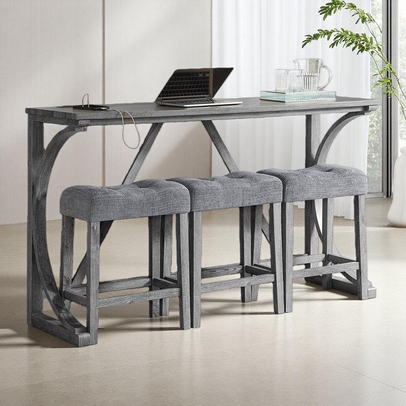 Gri Masif Ahşap Prizli 3 Kumaş Tabureli Koltuk Arkası Dresuar - 150 cm - 217433