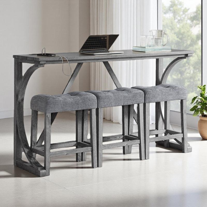 Gri Masif Ahşap Prizli 3 Kumaş Tabureli Koltuk Arkası Dresuar - 150 cm - 217433