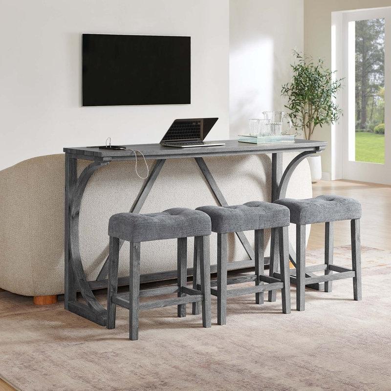 Gri Masif Ahşap Prizli ve 3 Tabureli Koltuk Arkası Dresuar Seti - 150 cm - 217704