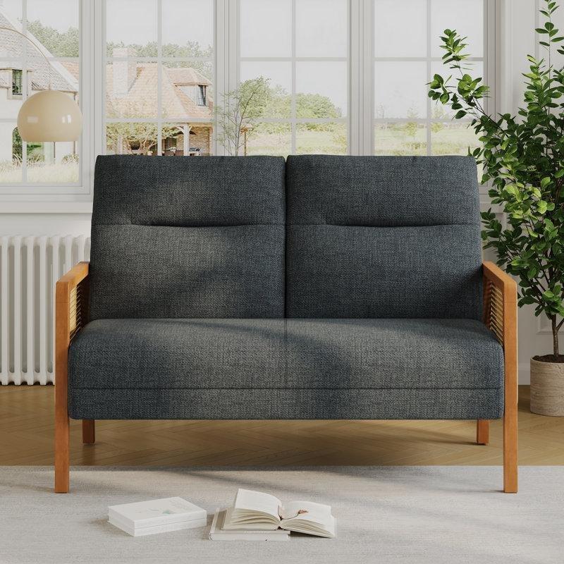 Gri Masif Ahşap Rattan Kolçaklı İkili Koltuk - 122 cm - 207034