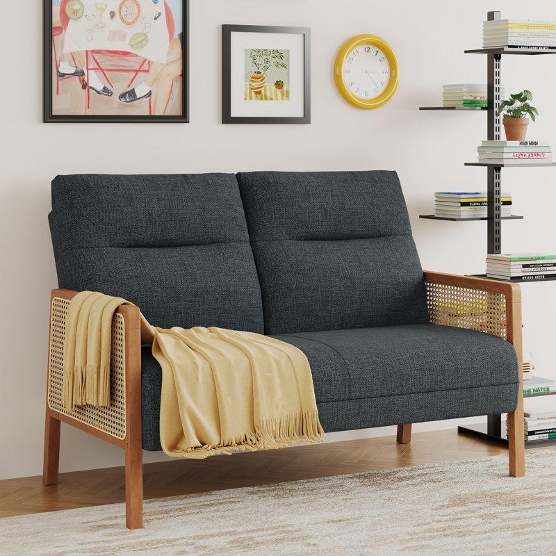 Gri Masif Ahşap Rattan Kolçaklı İkili Koltuk - 122 cm - 207034