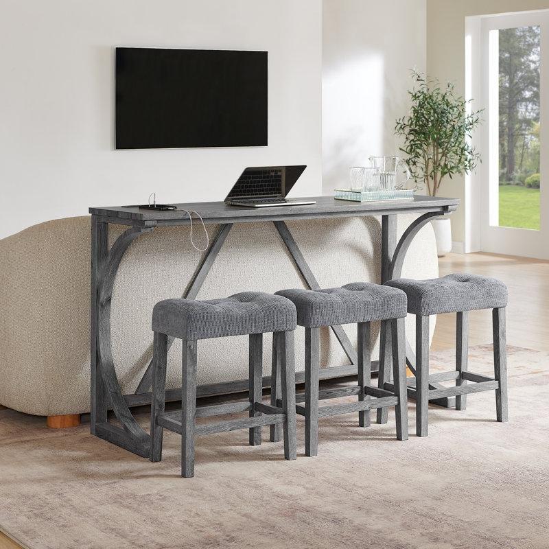 Gri Masif Ahşap ve MDF Prizli 3 Tabureli Koltuk Arkası Dresuar - 150 cm - 217544