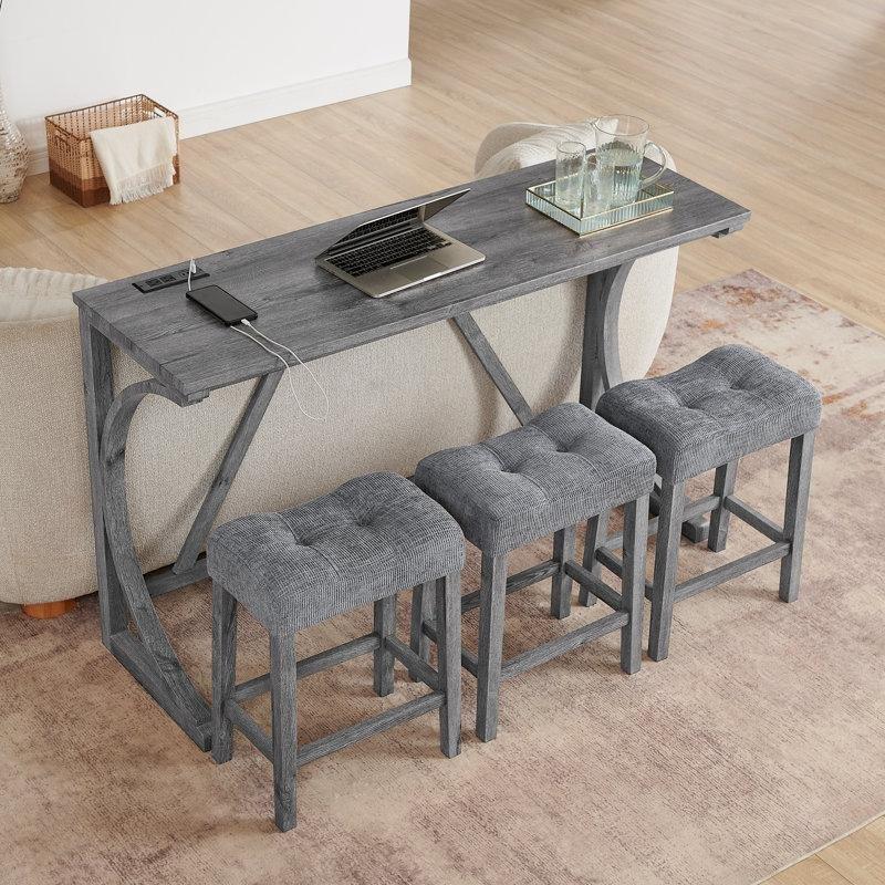 Gri Masif Ahşap ve MDF Prizli 3 Tabureli Koltuk Arkası Dresuar - 150 cm - 217544