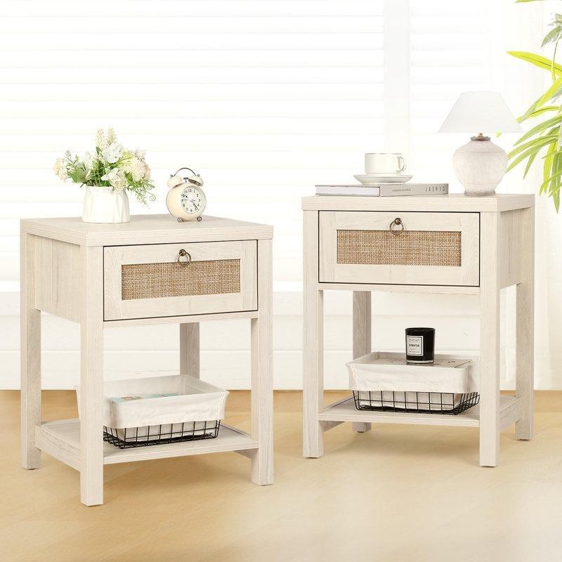Gri Masif Ahşap ve MDF Rattan Desenli Çekmeceli Raflı İkili Komodin Seti - 60x45 cm - 224263