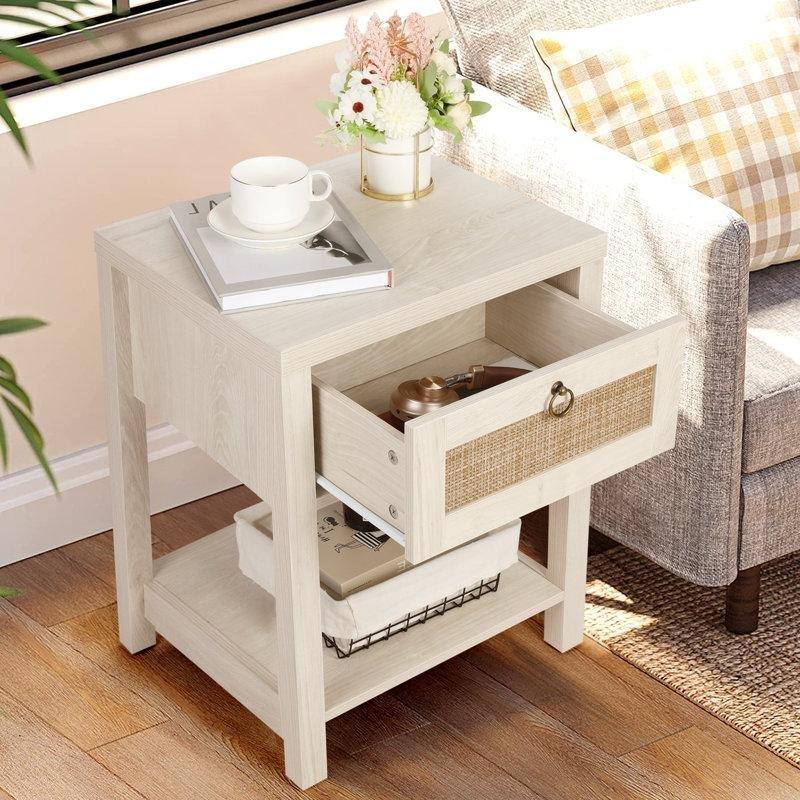 Gri Masif Ahşap ve MDF Rattan Desenli Çekmeceli Raflı İkili Komodin Seti - 60x45 cm - 224263