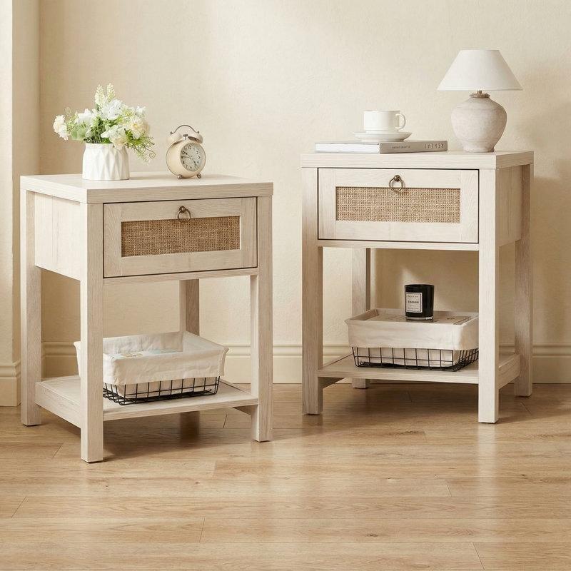 Gri Masif Ahşap ve MDF Rattan Desenli Çekmeceli Raflı İkili Komodin Seti - 60x45 cm - 224263