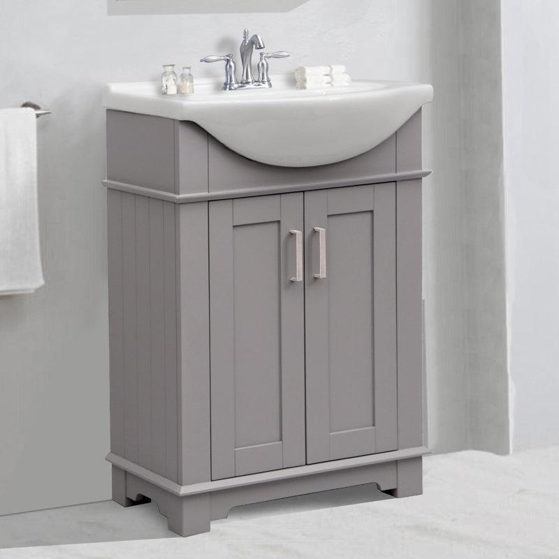 Gri Masif Kavak Ağacı Seramik Tezgahlı Yavaş Kapanır Kapaklı Banyo Lavabo Dolabı - 61 cm - 200952