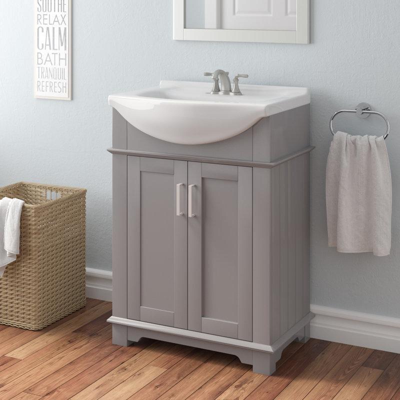 Gri Masif Kavak Ağacı Seramik Tezgahlı Yavaş Kapanır Kapaklı Banyo Lavabo Dolabı - 61 cm - 200952