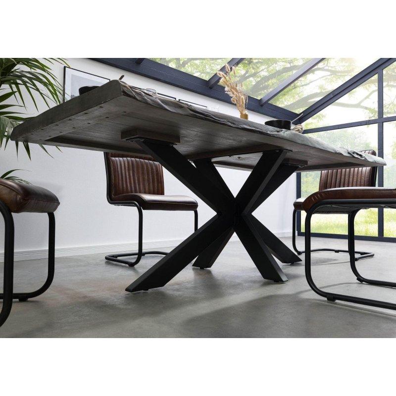 Gri Masif Mango Ahşap Doğal Kenarlı Çapraz Demir Ayaklı Bohem Yemek Masası - 180x90 cm - 235860