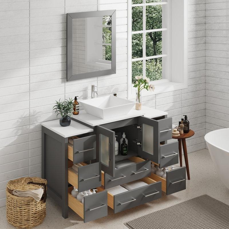 Gri Masif ve Endüstriyel Ahşap Aynalı Çanak Lavabolu Çekmeceli Banyo Dolabı Seti - 122 cm - 200624