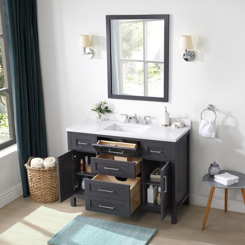 Gri Masif ve Endüstriyel Ahşap Aynalı Yavaş Kapanır Çekmeceli Banyo Lavabo Dolabı - 122 cm - 202066
