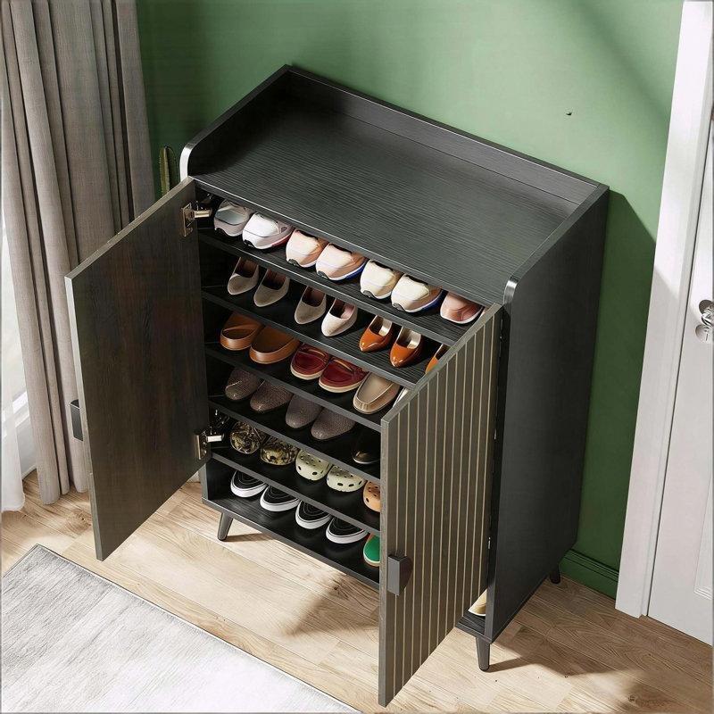 Gri Masif ve Endüstriyel Ahşap Siyah Metal Ayaklı 7 Raflı Ayarlanabilir Ayakkabılık - 111x76x36 cm - 228605