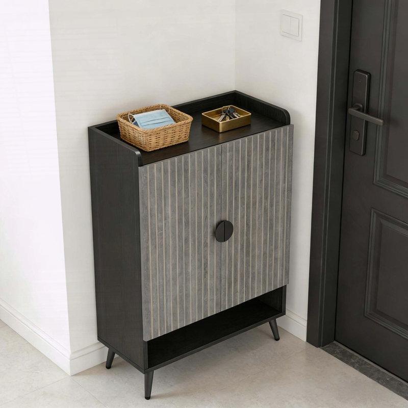 Gri Masif ve Endüstriyel Ahşap Siyah Metal Ayaklı 7 Raflı Ayarlanabilir Ayakkabılık - 111x76x36 cm - 228605