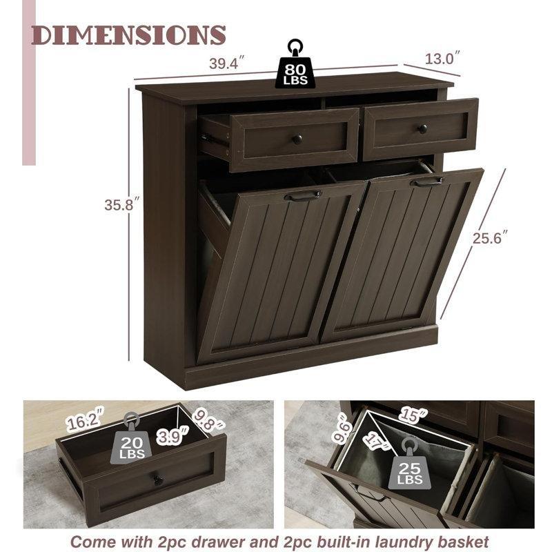Gri MDF 2 Çekmeceli Çift Devrilir Kapaklı Dolaplı Çamaşır Sepeti - 101 cm - 187247