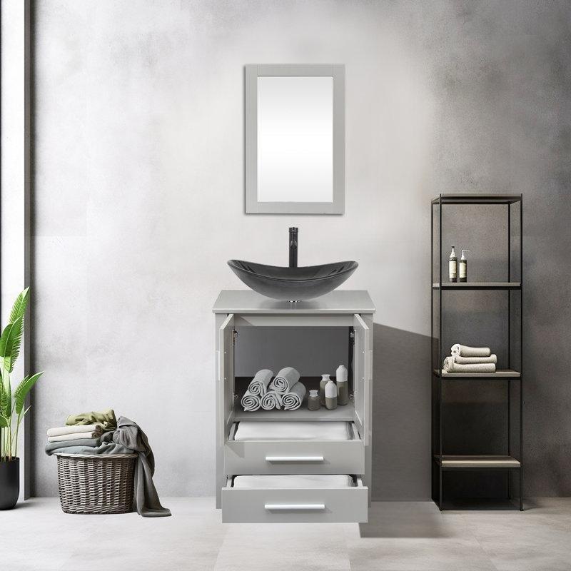 Gri MDF Aynalı Çekmeceli Çanak Lavabolu Banyo Dolabı - 61 cm - 201864