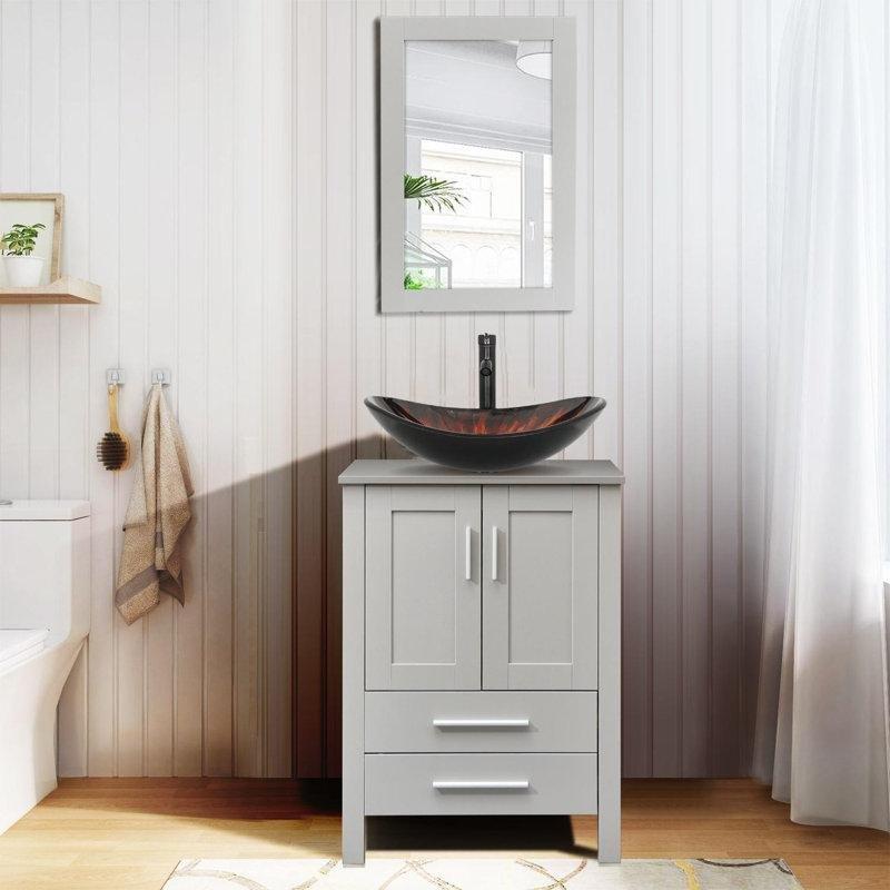 Gri MDF Aynalı Çekmeceli Çanak Lavabolu Banyo Dolabı - 61 cm - 201864