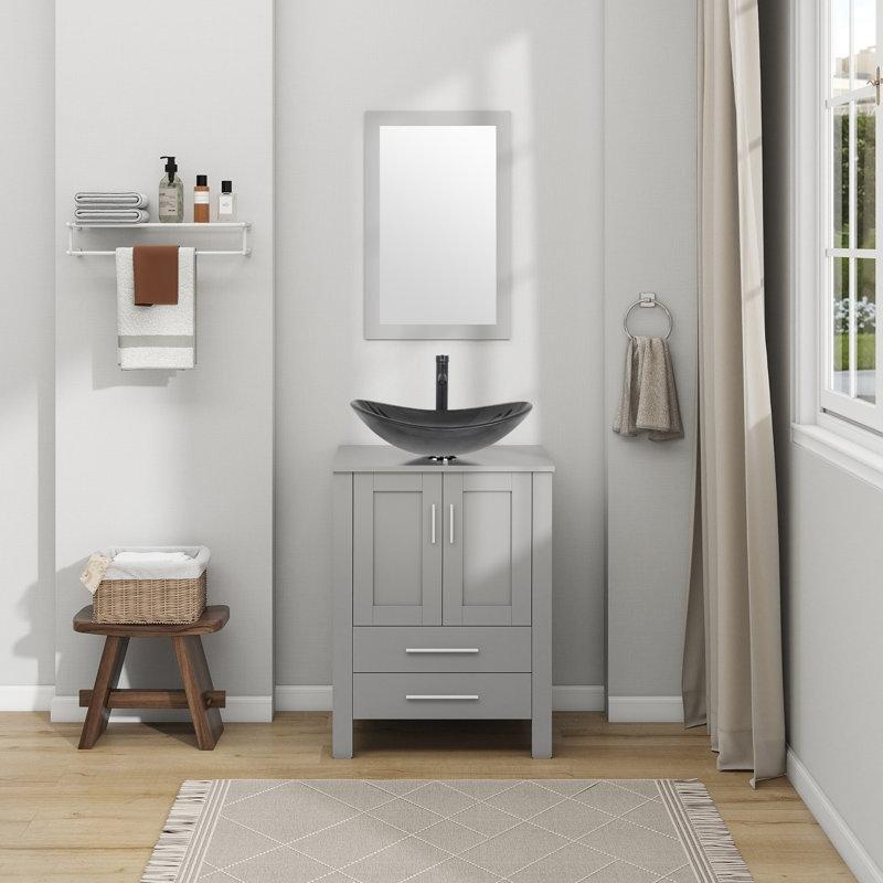 Gri MDF Aynalı Çekmeceli Çanak Lavabolu Banyo Dolabı - 61 cm - 201864