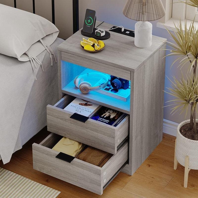 Gri MDF LED Işıklı ve Kablosuz Şarjlı Akıllı Komodin - 223535
